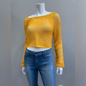 Love Tree Yellow Crochet Knit Sweater Open Knit Boat Neck Top M